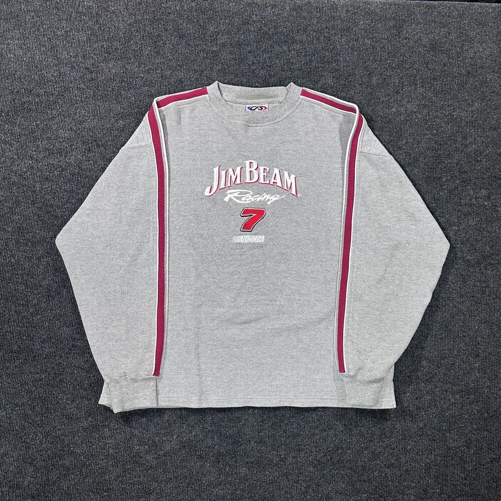 Vintage Jim Beam Racing #7 Nascar Gray Mens Large Striped Crewneck SweatShirt